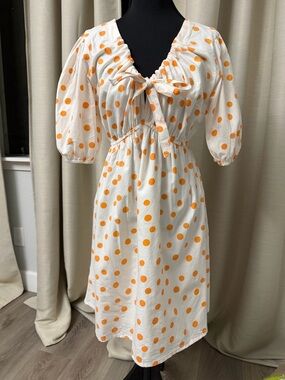 Tie-Front Cream Midi Dress with Orange Polka Dots